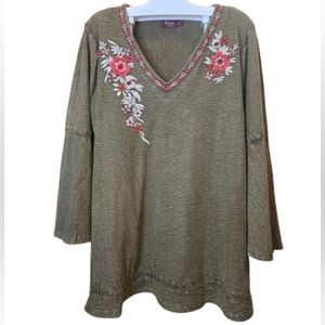 Avanti Olive Green Tunic with Pink Floral Embroidery